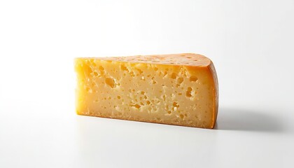 A wedge of cheese sits on a white surface with a subtle shadow