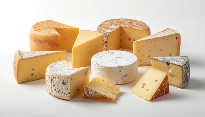 A variety of artisanal cheeses arranged on a white surface
