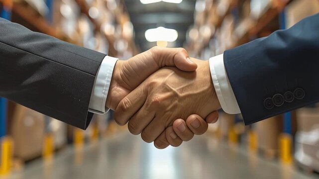 倉庫内で交わされる握手が信頼と取引成立を示す
