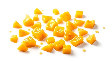 A pile of diced mango on a white background