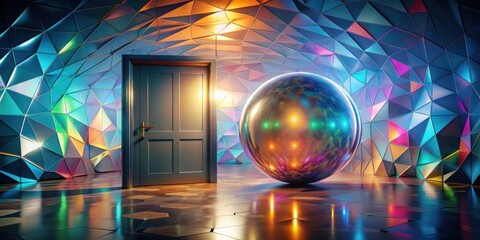A Closed Door and a Metallic Sphere in a Geometric Room with Iridescent Walls