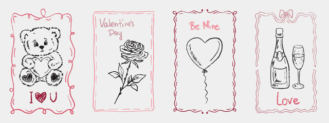 Hand drawn coquette frame for Valentines day greeting card, wedding invitations. Teddy bear, rose flower, heart balloon, champagne. Vector sketch illustration in vintage crayon charcoal style © Nataliya Pokrovska