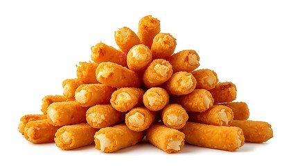 A pile of crispy golden fried cheese sticks on a white background