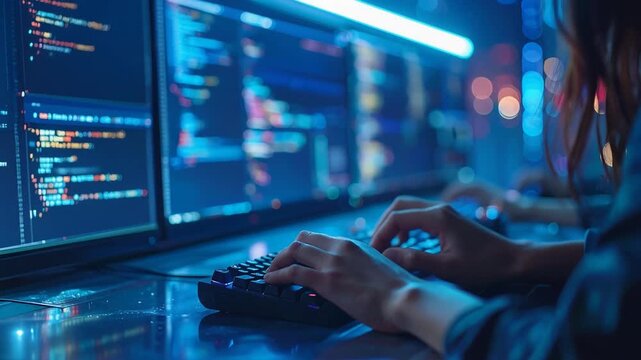 暗闇の中でコードを書く技術者がデータ処理に集中