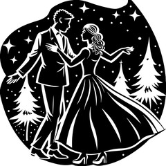 Silhouette couple dancing under stars, romantic vector isolated on White Background
