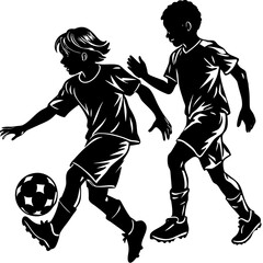 Silhouettes of kids playing football, dynamic vector isolated on White Background