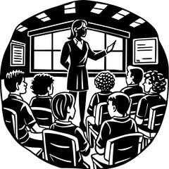 Silhouette teacher with students in classroom, vector isolated on White Background