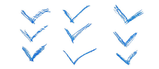 Hand drawn check marks made with crayon on paper. Raster photo illustration with a rough manual style, ideal for education themes, approval concepts, and positive feedback visuals.
