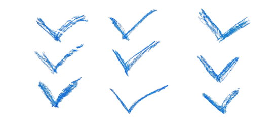 Hand drawn check marks made with crayon on paper. Raster photo illustration with a rough manual style, ideal for education themes, approval concepts, and positive feedback visuals.