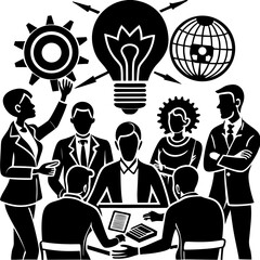 Silhouettes of startup team brainstorming, vector set isolated on White Background