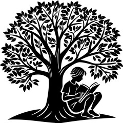 Silhouette student reading book under tree, simple vector isolated on White Background