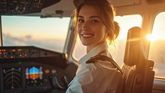 夕日が差し込む操縦席で振り返る女性パイロットが飛行前の緊張感を伝える