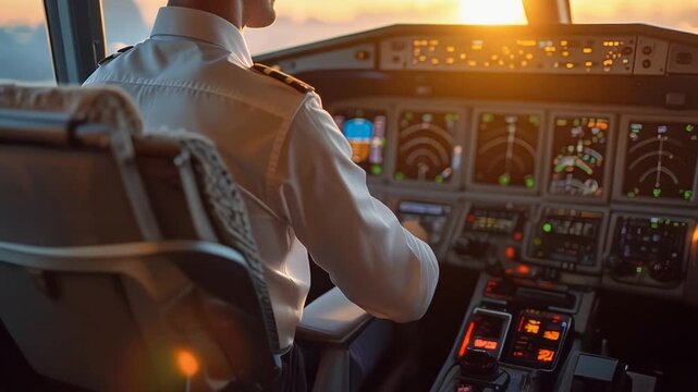 操縦席で計器を見つめる男性パイロットが夕景の中で任務に集中する姿