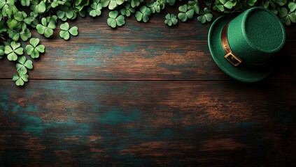 A green leprechaun hat rests on a wooden surface, surrounded by vibrant clovers, creating a festive atmosphere for St. Patrick's Day.