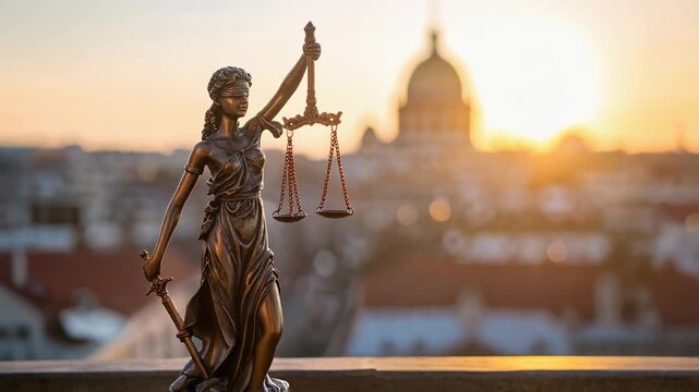 夕景を背に正義の天秤を掲げる女神像が法と秩序の理念を静かに示す
