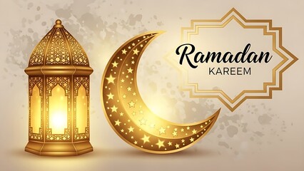 High-end holiday illustration featuring glowing Islamic symbols of a lantern and moon with a decorative Ramadan Kareem message.