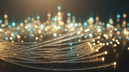 Bundle of optical fiber strands with warm golden glow, macro bokeh background, high speed telecommunication and internet infrastructure concept