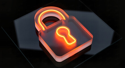 Translucent glass padlock with neon orange glow, dark glossy background, cybersecurity and data privacy concept with copy space