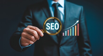 A businessman examines the concept of seo with a magnifying glass, signifying growth and analysis.