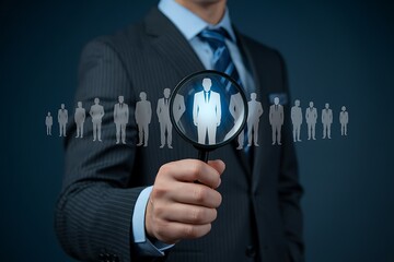 Business professional examining a row of stylized human silhouettes through a magnifying glass, highlighting recruitment or selection.