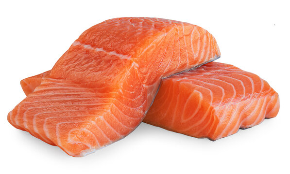 Raw salmon fillets&nbsp; isolated on white background. Salmon, trout steak close up. Seafood diet