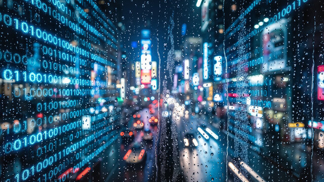 Falling blue binary code digits overlaying wet glass, cinematic cyberpunk atmosphere, smart city data stream concept against blurred night street - Powered by Adobe