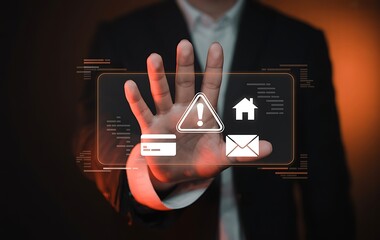 Businessperson presenting digital interface with security icons and data streams