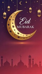 An ornate golden moon and hanging star ornaments positioned above a mosque silhouette for a spiritual Eid Mubarak greeting.