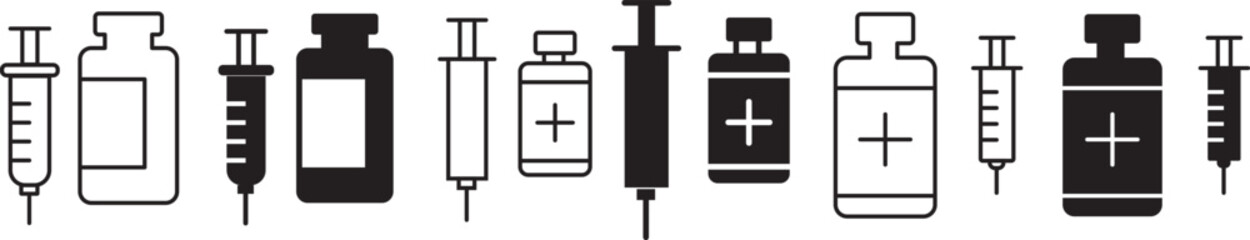 Fototapeta premium Vaccination icon collection in black. Insulin icon vector simple design. Set of medical syringe icons. Vaccination icon design for signs, logo, apps. Vaccination on transparent background 