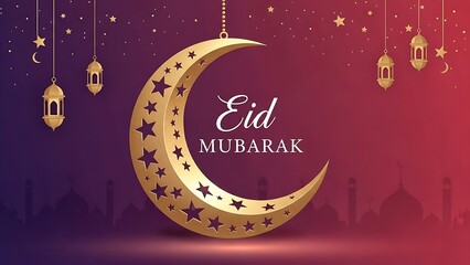 Decorative golden crescent moon with hanging lanterns and stars displayed above a silhouetted mosque on a vibrant colorful background.