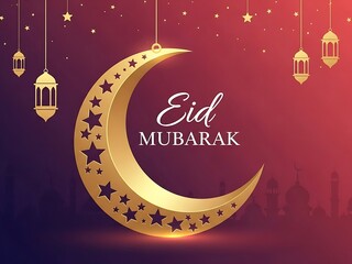 A vertical Eid Mubarak greeting featuring a large golden crescent moon and mosque silhouettes against a purple gradient background.