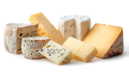 A variety of artisanal cheeses with different textures and mold on a white background