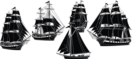 Black sailing ship silhouettes set, vintage wooden vessel vector illustrations, nautical tall ships with sails, maritime ocean adventure design elements, isolated clipper boats, © It's Majed Here