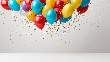 Gro&szlig;es B&uuml;ndel bunter Luftballons steigt mit Konfetti nach oben