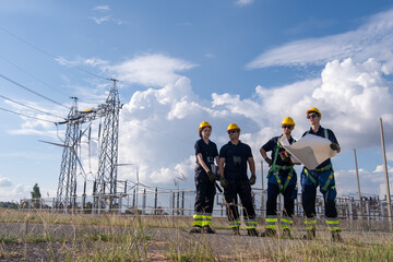 Workers examine electrical plans near power lines and substations in clear weather on a sunny day