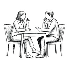 Fototapeta premium Sketch depicting two individuals seated at a table seemingly engaged in conversation