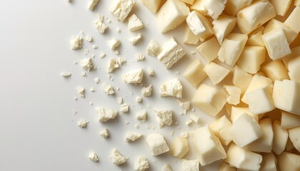 A pile of crumbled and cubed white cheese on a clean white surface