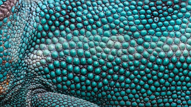 Close up texture of bright turquoise blue green iguana lizard skin scales showing intricate detailed natural reptile pattern and coloration