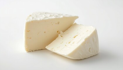 A wedge of white cheese on a clean white surface with a slice cut off