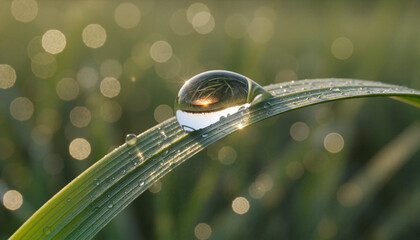 Crystal clear dew drop balancing on green grass blade, serene morning atmosphere, sunrise refraction and nature freshness background with copy space