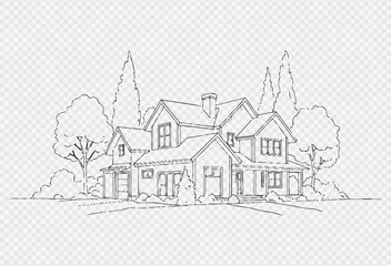Obraz premium Beautiful large house with trees and yard in simple line art style