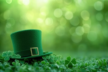 A vibrant green leprechaun hat rests on a bed of clovers, set against a soft, blurred background of various green shades.