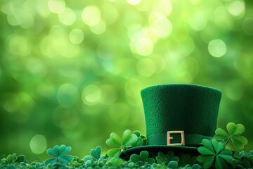 A vibrant green top hat surrounded by clovers, set against a soft, blurred green background, evoking a festive atmosphere.