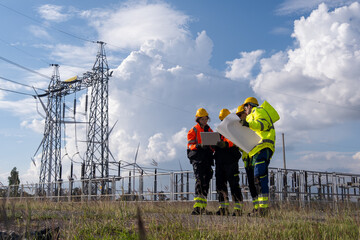 Workers discuss plans near power lines on a sunny day with white clouds in the sky