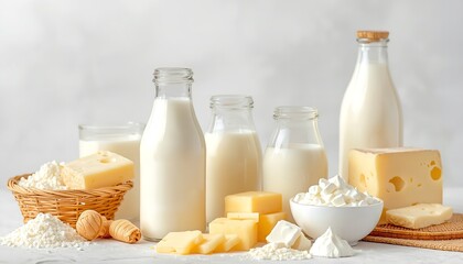 A variety of dairy products including milk, cheese, and yogurt are arranged on a table.