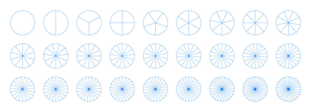 Pie chart template. Diagram wheel parts from 1 to 27. Segmented charts. Many number of sectors divide the circle on equal parts. Outline blue graphics. Pizza charts. Set of segments infographic icons.