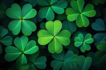 A vibrant arrangement of green clover leaves, showcasing their distinct shapes and textures, creating a lush, natural atmosphere.