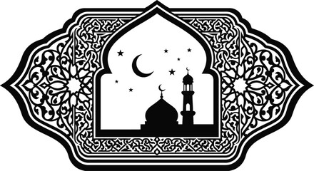 Mosque window silhouette with crescent moon in night sky
