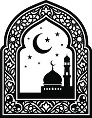 Mosque window silhouette with crescent moon in night sky