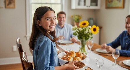 Smiling girl serving basket of bread rolls at family dinner table. Happy child with her two fathers enjoying meal together at home